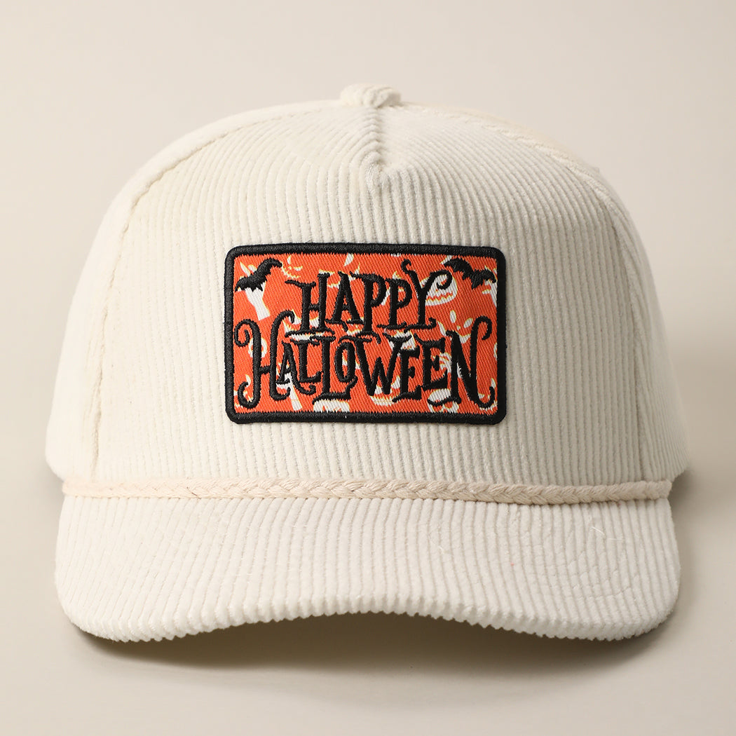 Happy Halloween patch corduroy trucker hat in off-white