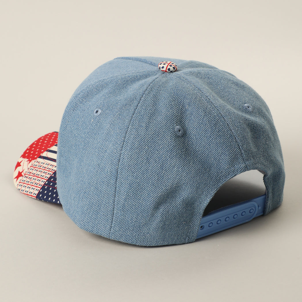 USA embroidered patch denim trucker hat, back view