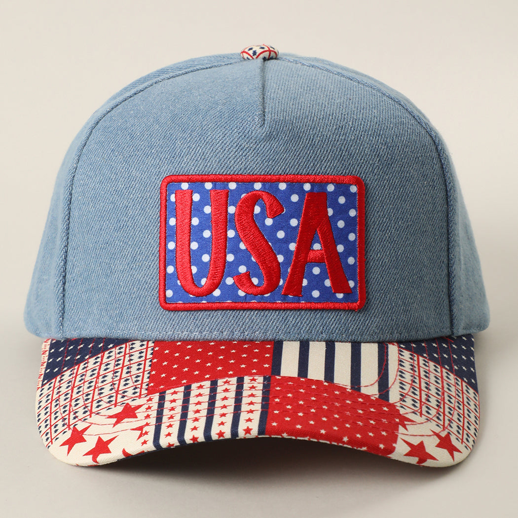USA embroidered patch denim trucker hat, denim front view