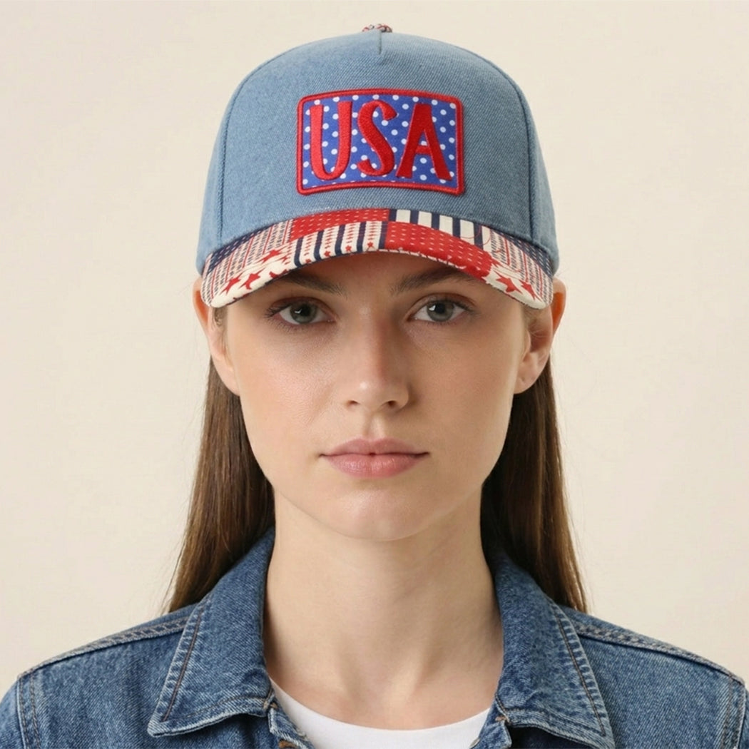 USA embroidered patch denim trucker hat, front view
