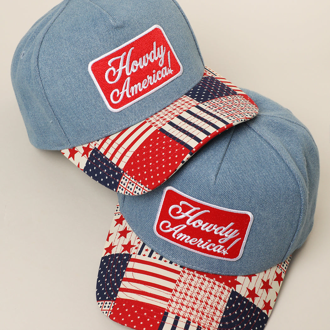 Howdy America patchwork denim trucker hat shown in all color options