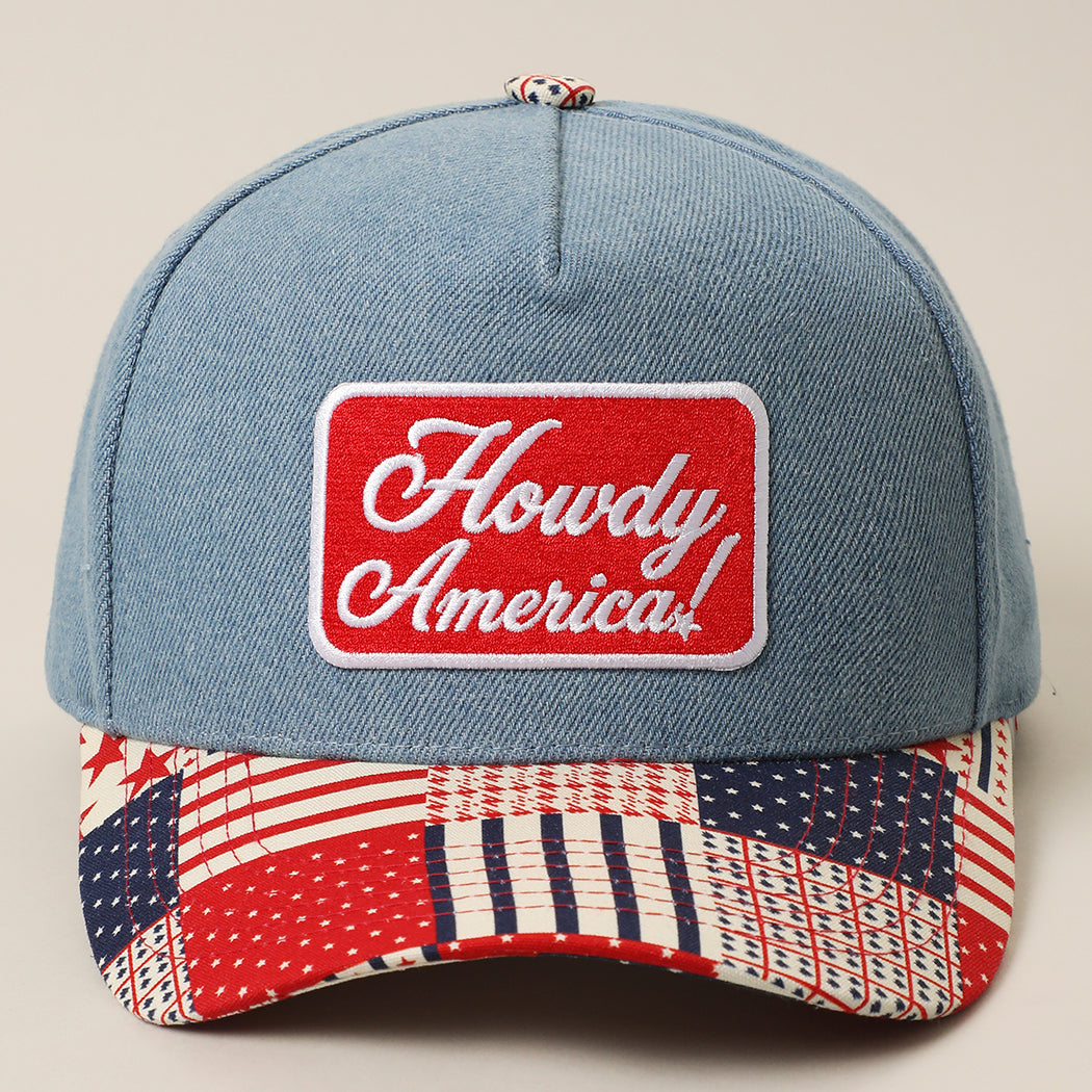 Howdy America patchwork denim trucker hat, front view