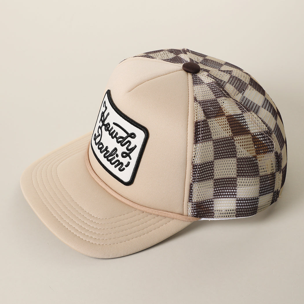 Howdy Darlin' patch checker foam trucker hat in khaki, back view