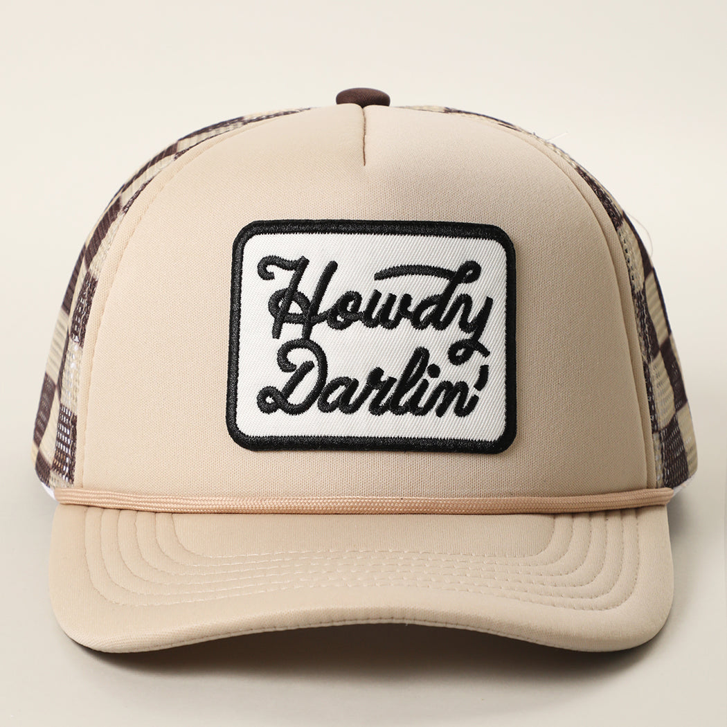 Howdy Darlin' patch checker foam trucker hat in khaki