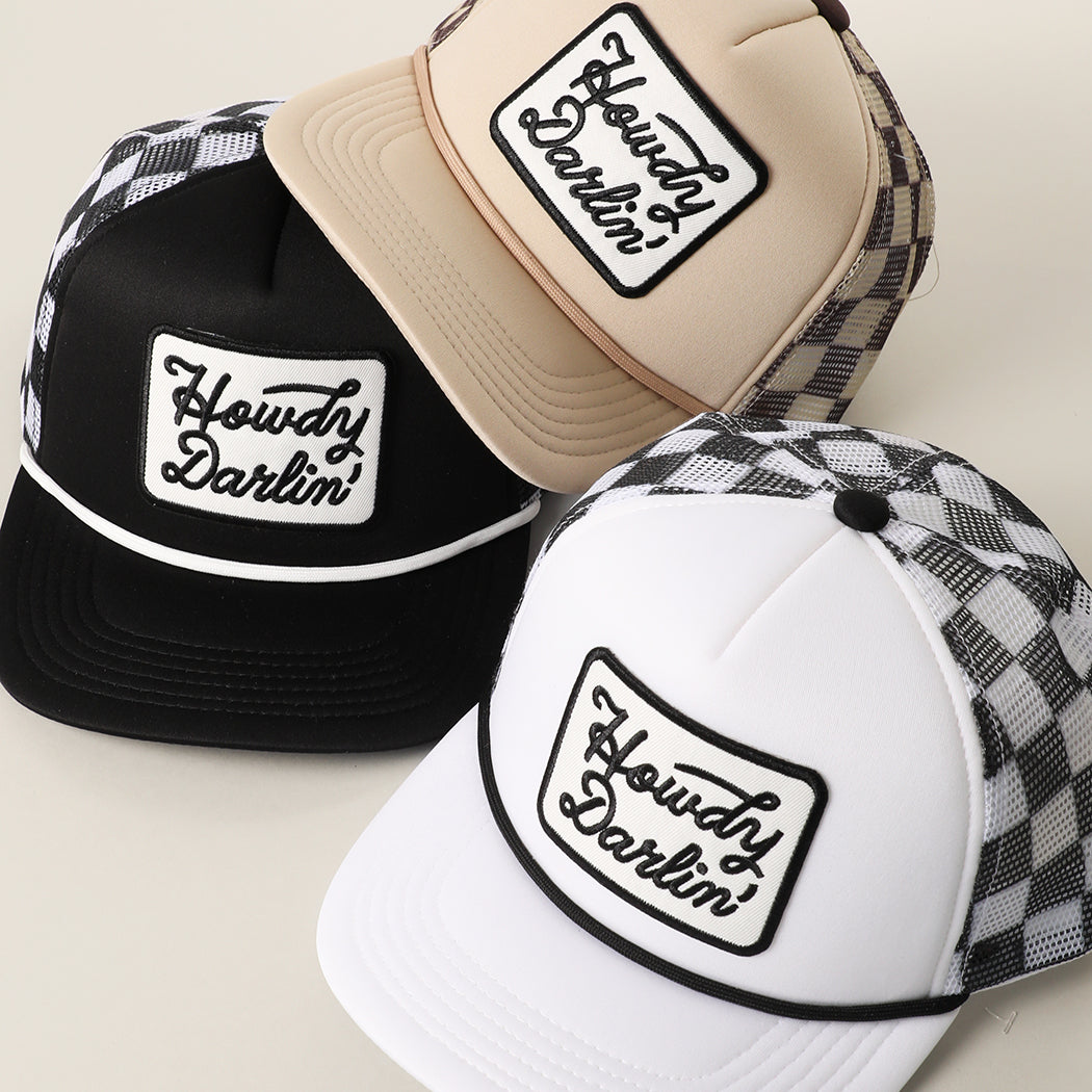 Howdy Darlin' embroidered patch checker foam trucker hat, front view