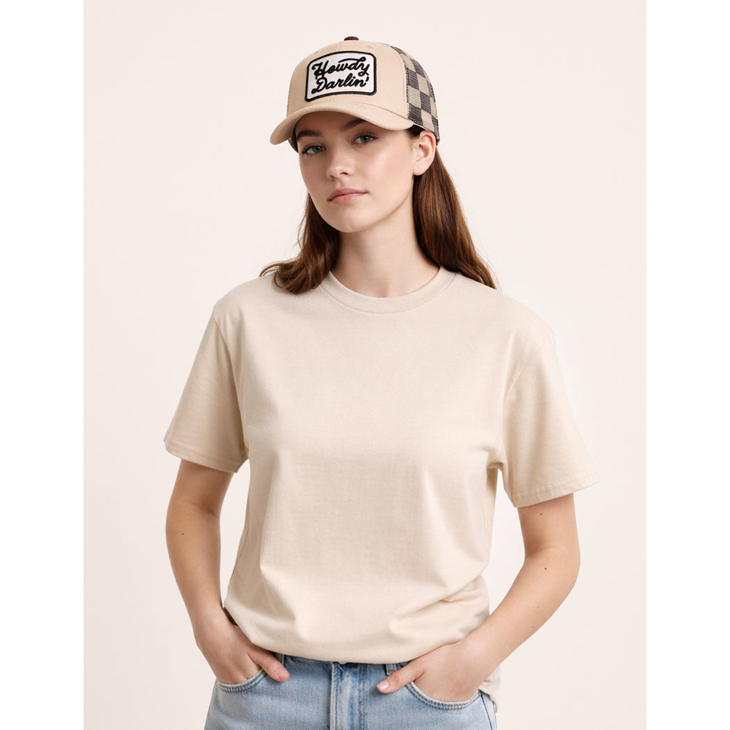 Howdy Darlin' patch checker foam trucker hat worn by model