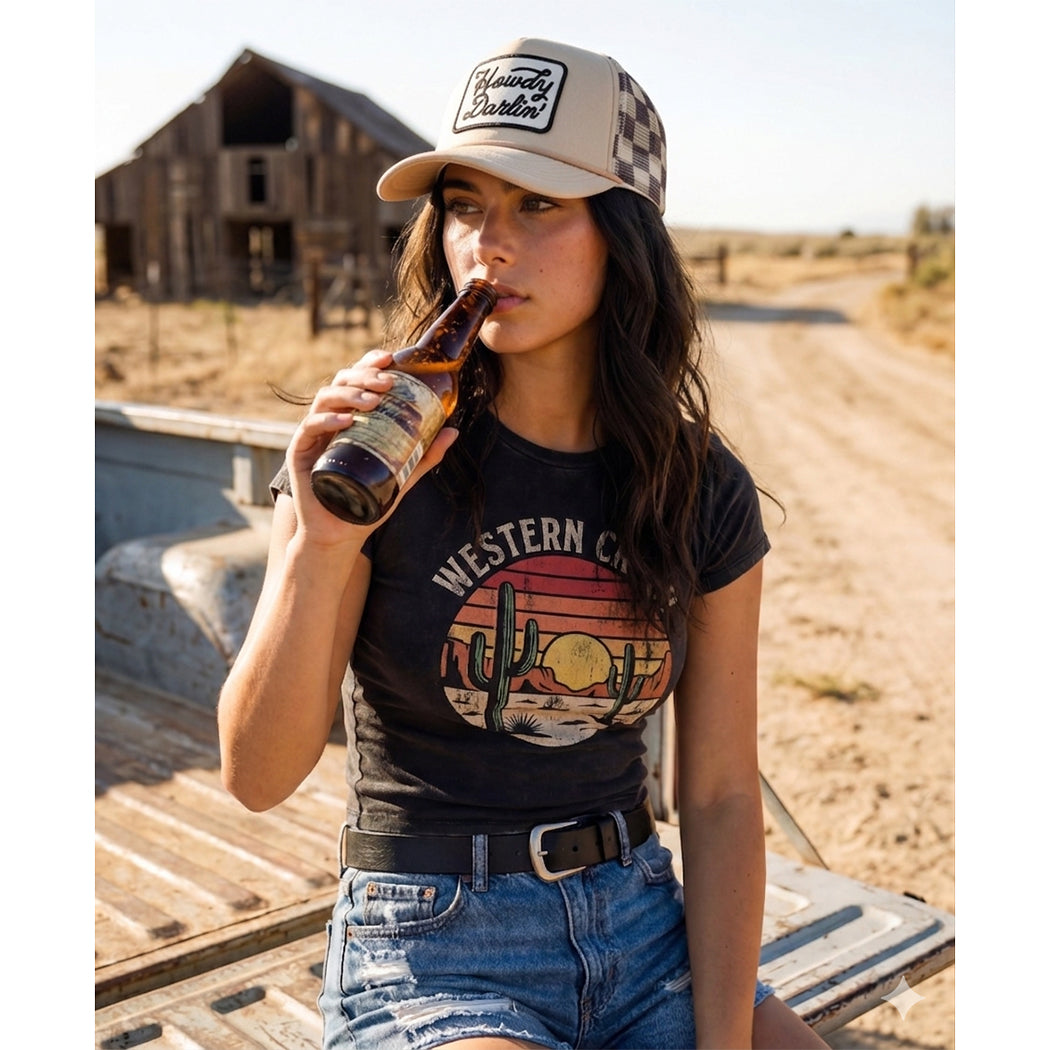 Howdy Darlin' embroidered patch checker foam trucker hat worn by model