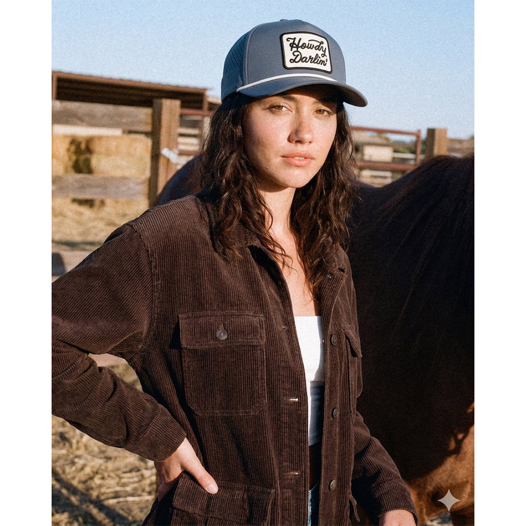 Howdy Darlin' embroidered patch rope trucker hat worn by model