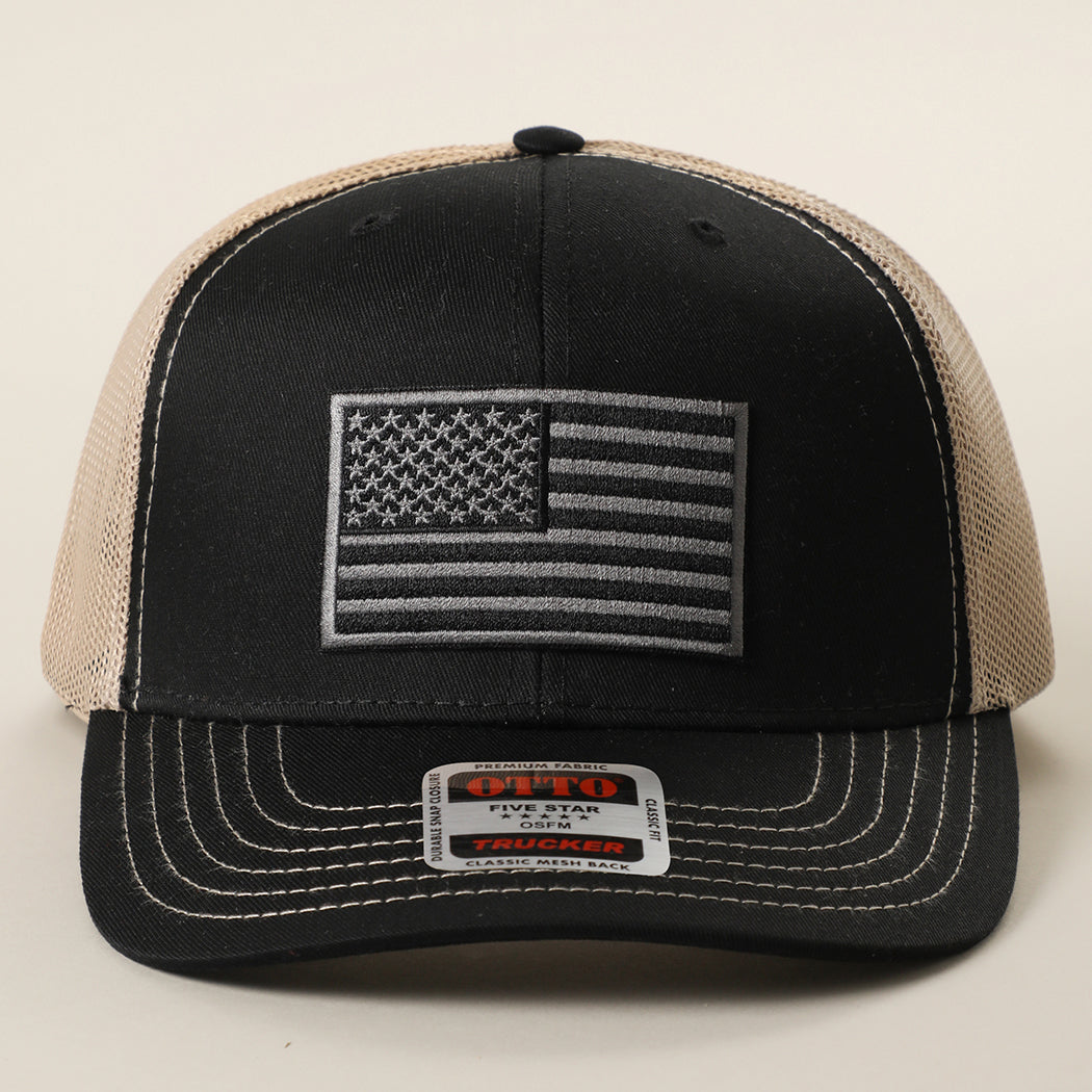 Black American Flag patch trucker hat in black and khaki