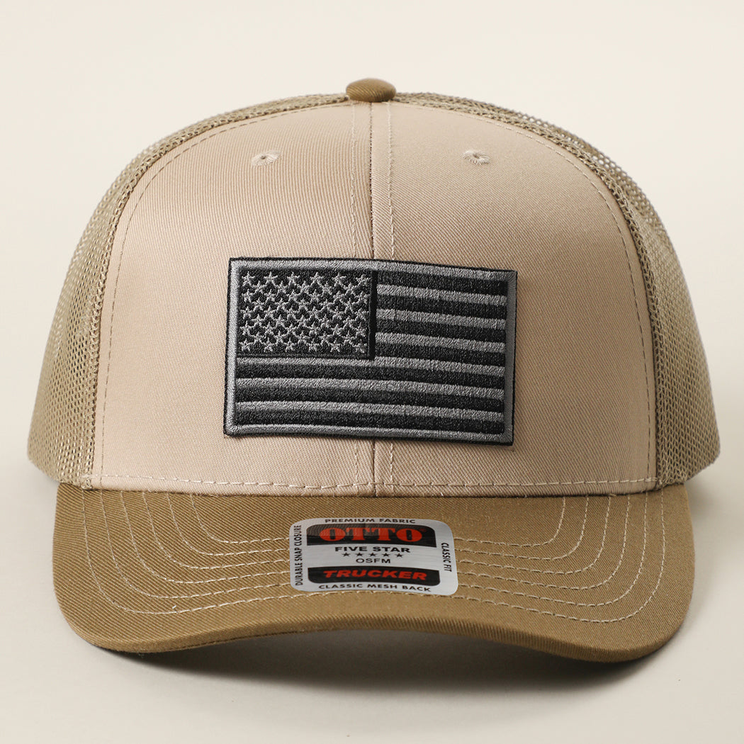 Black American Flag patch trucker hat in brown and khaki