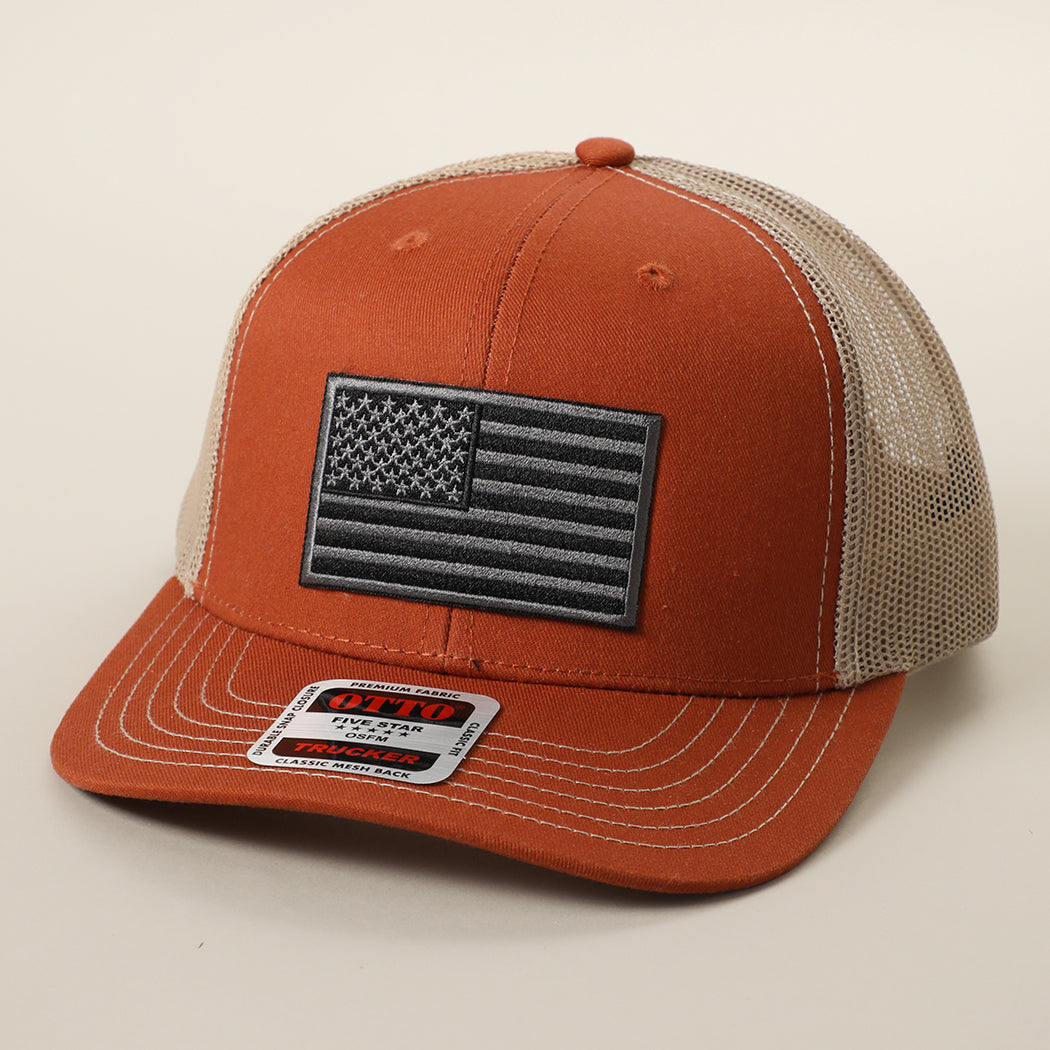 Black American Flag patch trucker hat in orange and khaki, back view