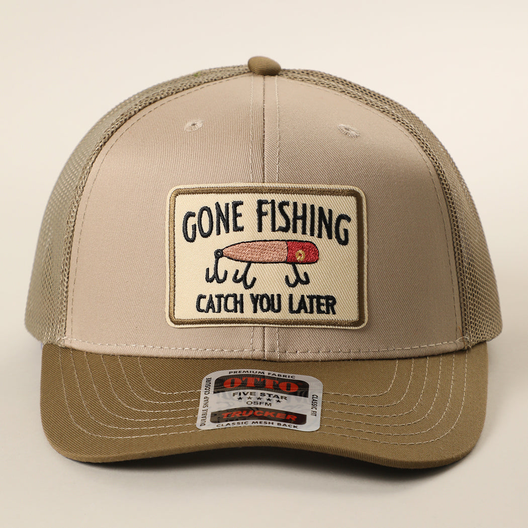 Gone Fishing Catch You Later patch trucker hat in coyote brown and khaki