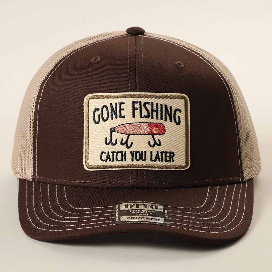 Gone Fishing Catch You Later patch trucker hat in dark brown and khaki