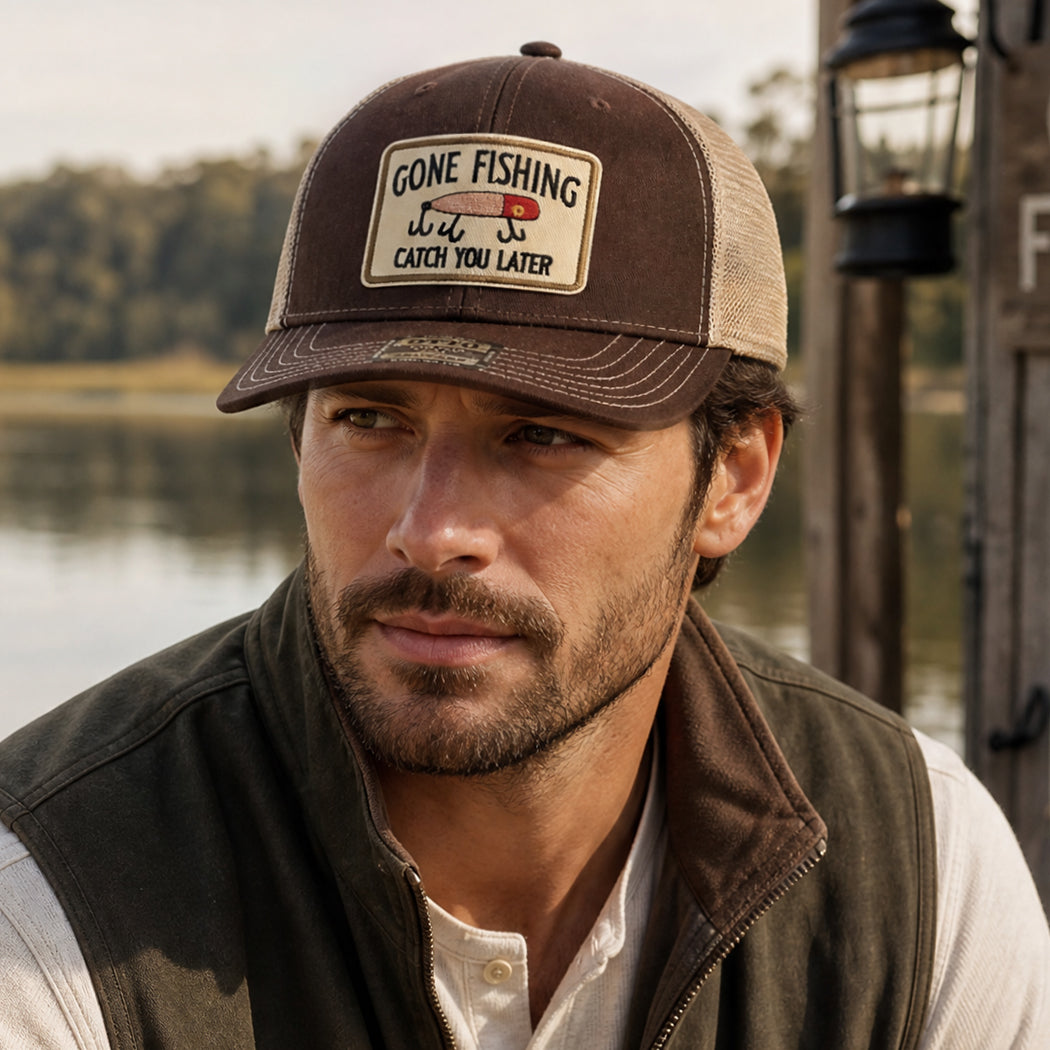 Gone Fishing Catch You Later patch trucker hat, front view