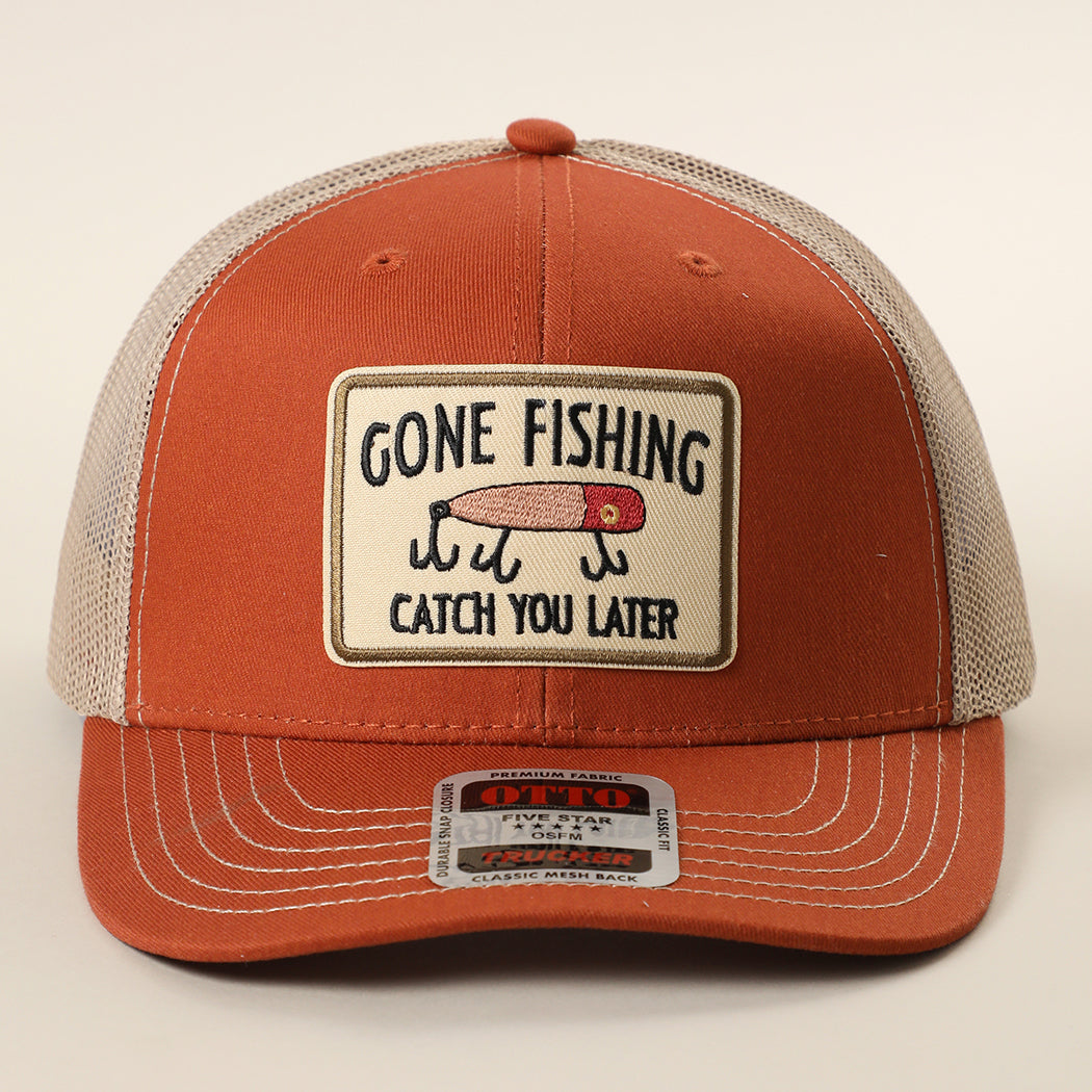 Gone Fishing Catch You Later patch trucker hat in orange and khaki