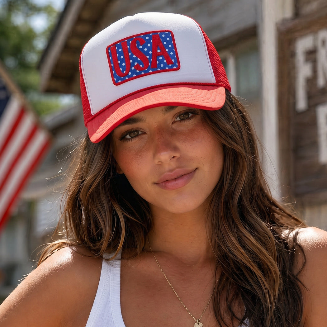 USA polka dot patch foam trucker hat, front view