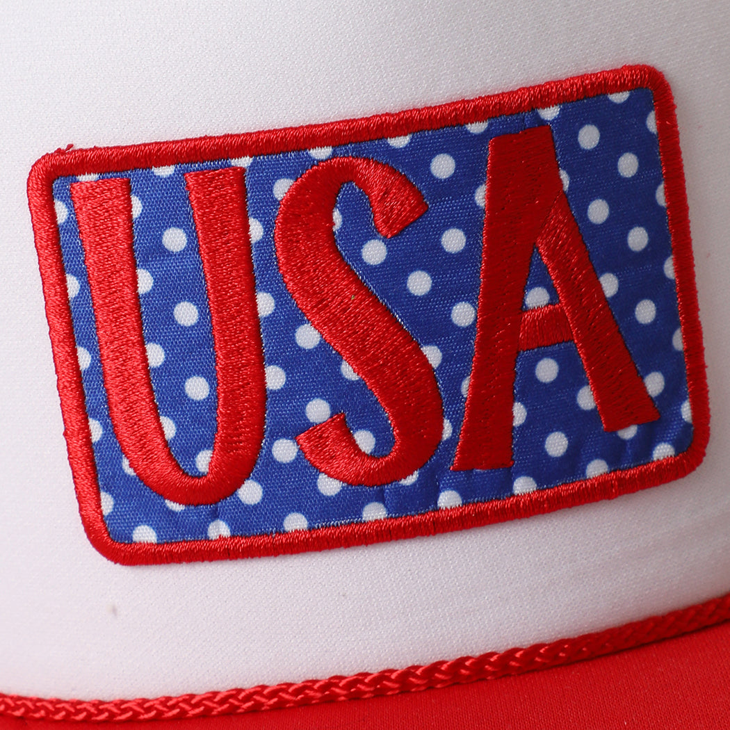 USA polka dot patch foam trucker hat in red and white, side view