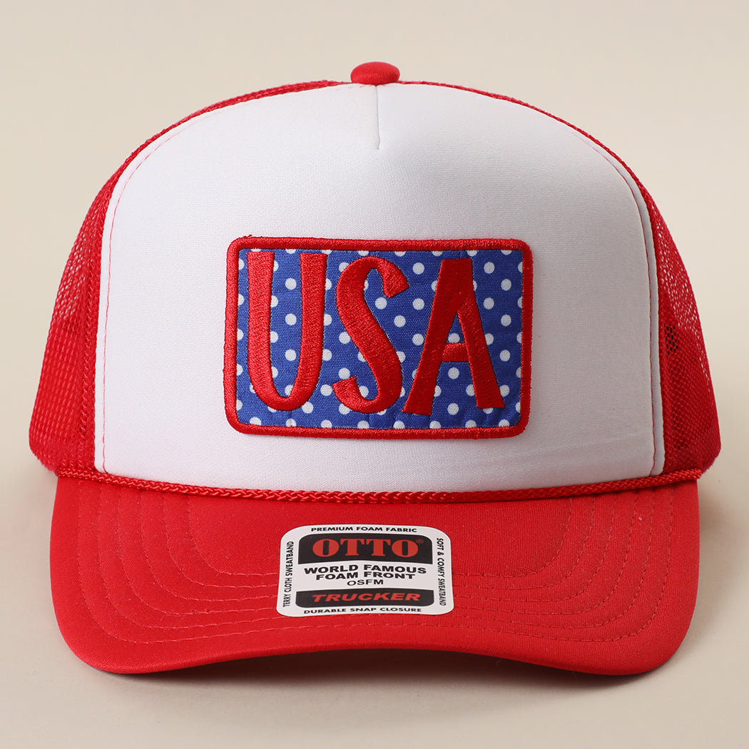 USA polka dot patch foam trucker hat in red and white
