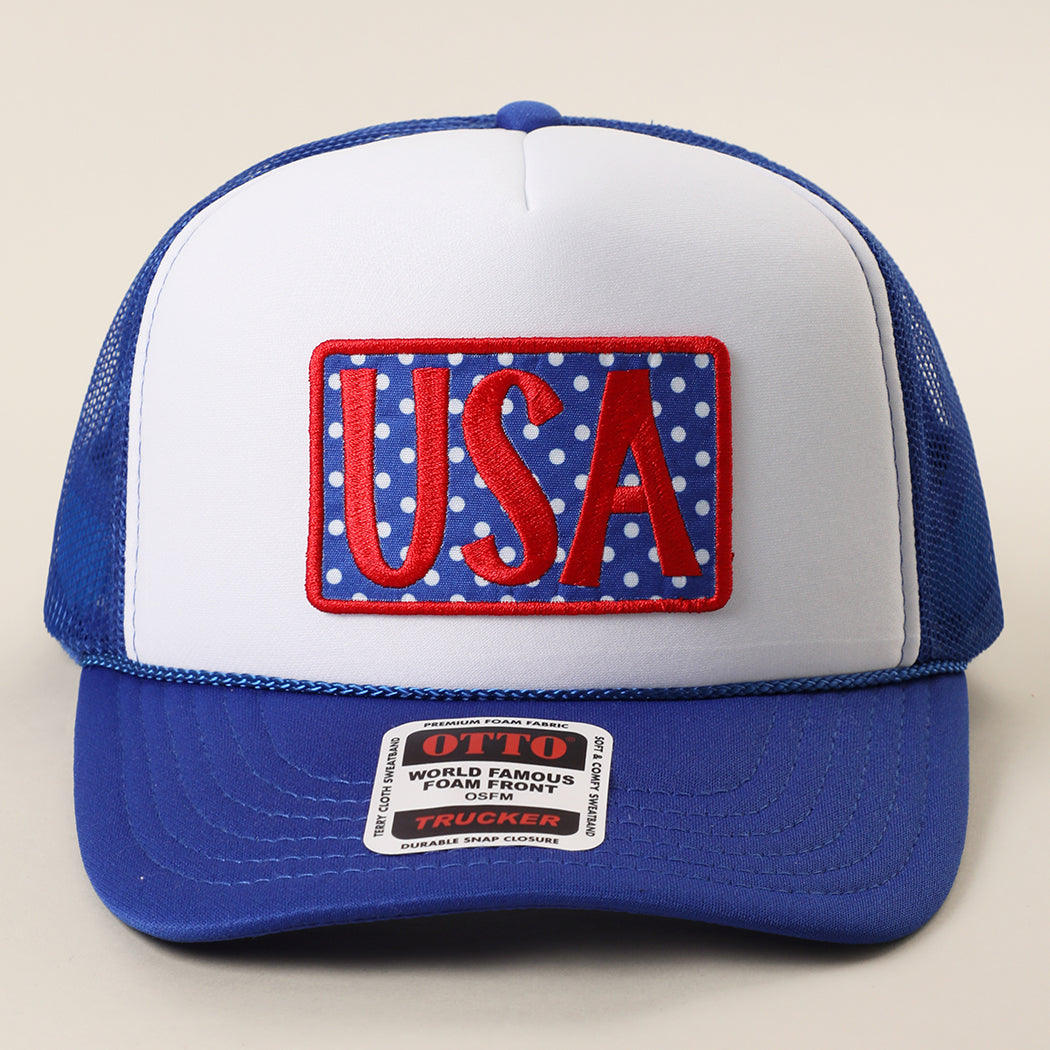 USA polka dot patch foam trucker hat in royal blue and white