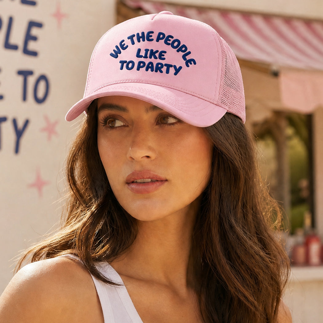 Model wearing We The People Like To Party foam trucker hat