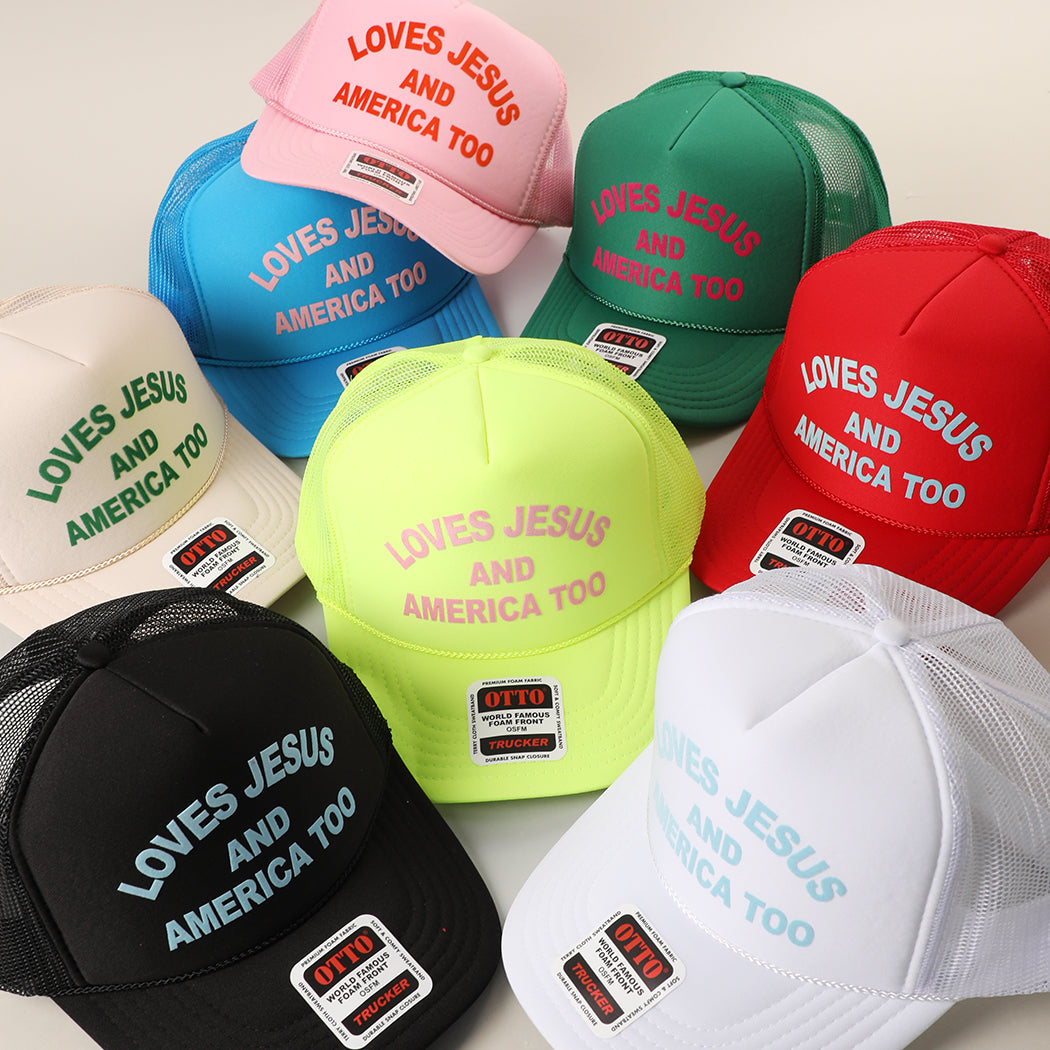 Loves Jesus And America Too foam trucker hat shown in all color options