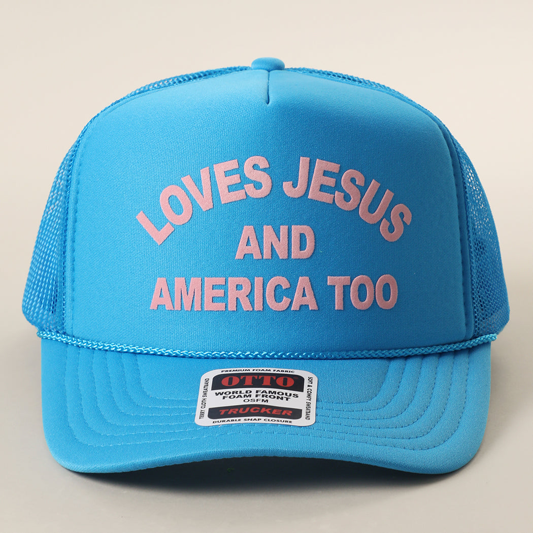 Loves Jesus And America Too foam trucker hat in neon blue