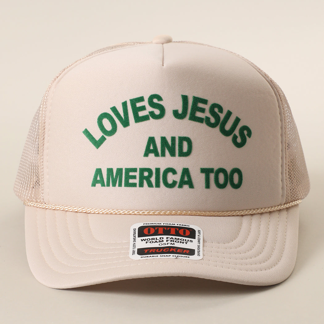 Loves Jesus And America Too foam trucker hat in sand