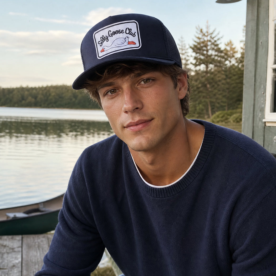 Man wearing Silly Goose Club patch foam trucker hat