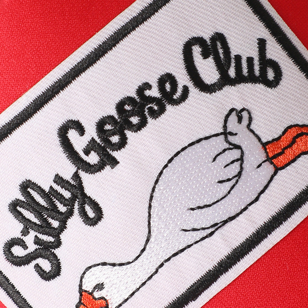 Silly Goose Club patch foam trucker hat in red, side view