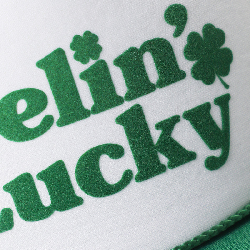 Feelin' Lucky St. Patrick's Day foam trucker hat in kelly green and white side view
