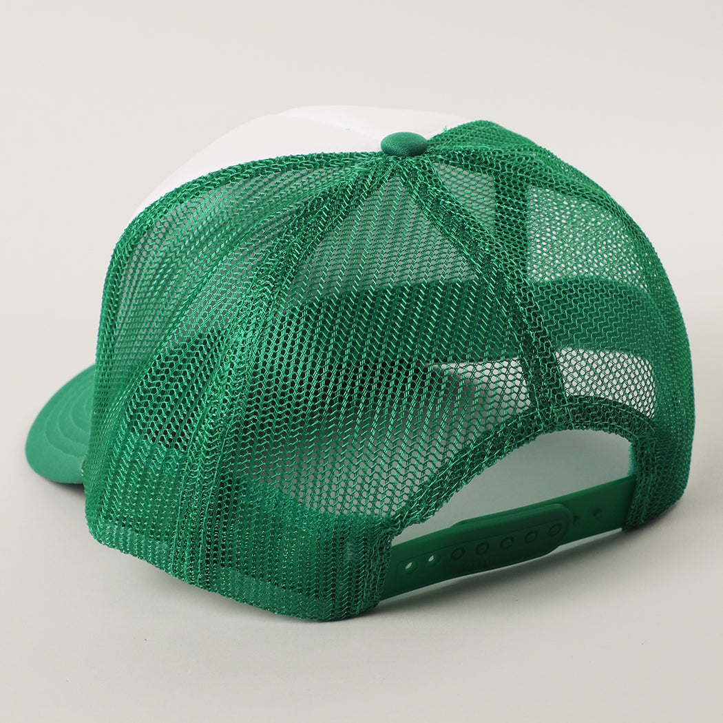 Feelin' Lucky St. Patrick's Day foam trucker hat in kelly green and white detail view