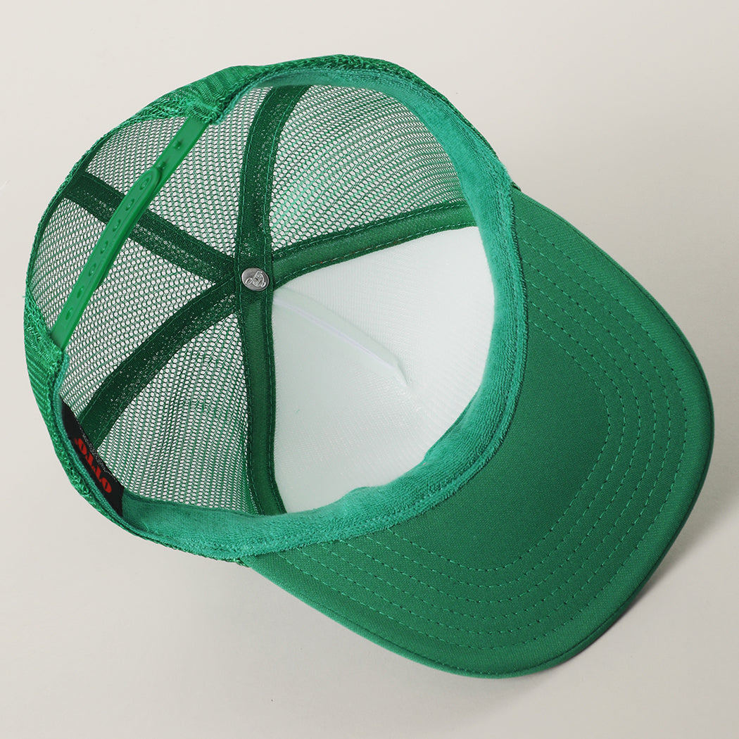 Feelin' Lucky St. Patrick's Day foam trucker hat in kelly green and white detail view