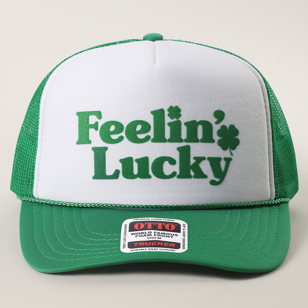 Feelin' Lucky St. Patrick's Day foam trucker hat in kelly green and white front view