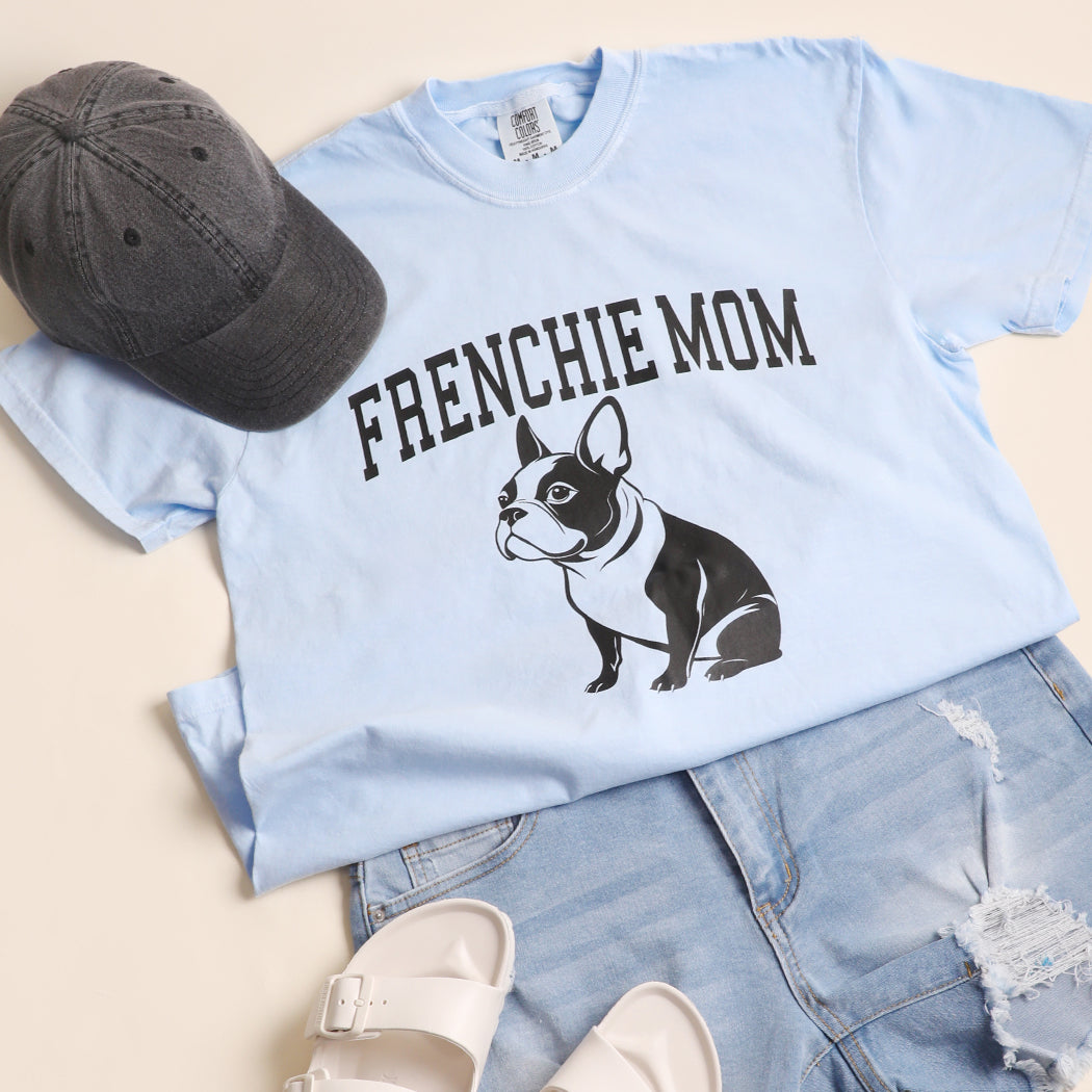 Frenchie Mom garment-dyed t-shirt in light blue, front view