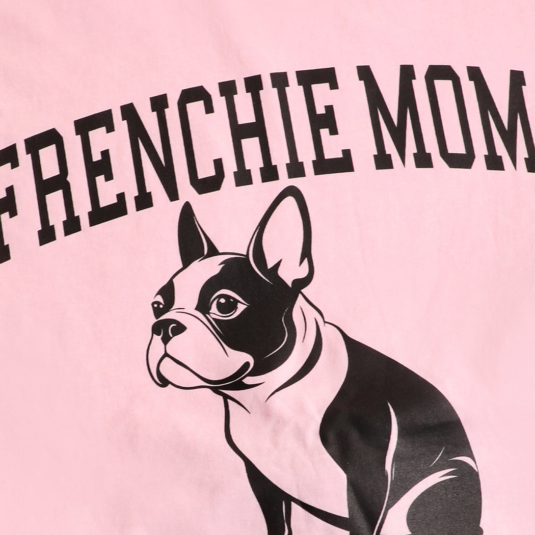 Frenchie Mom garment-dyed t-shirt in light pink, detail view