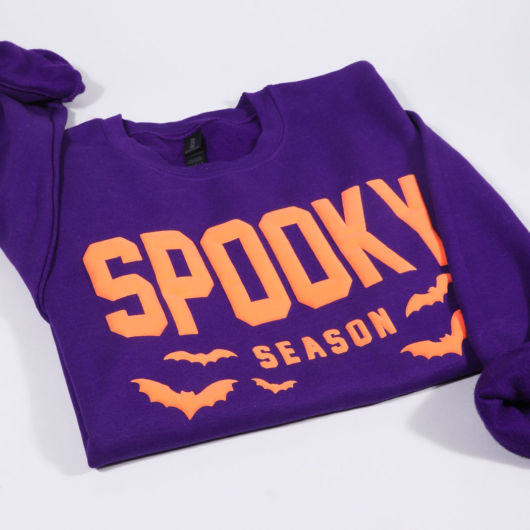 Spooky Season bold puff sweatshirt in purple, detail view