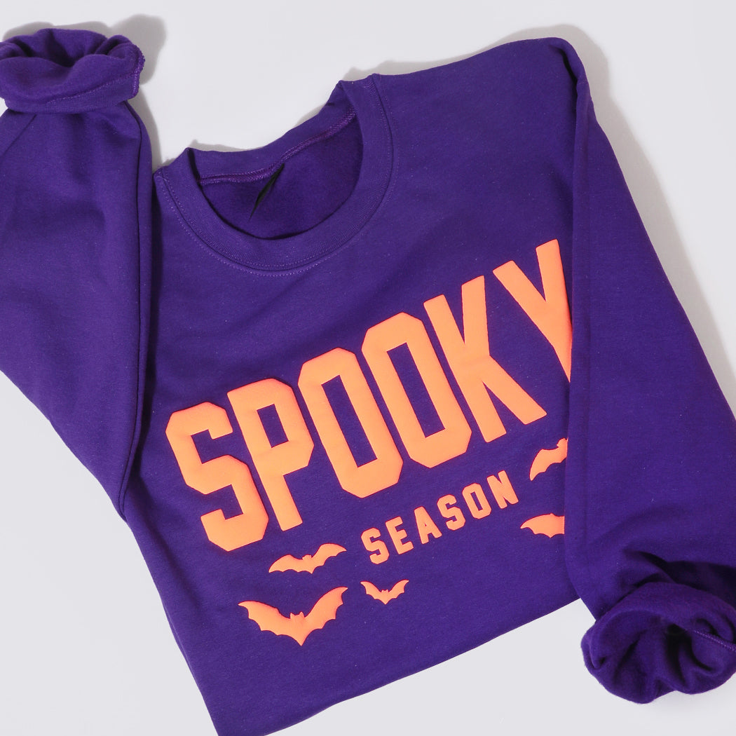 Spooky Season bold puff sweatshirt in purple, front view