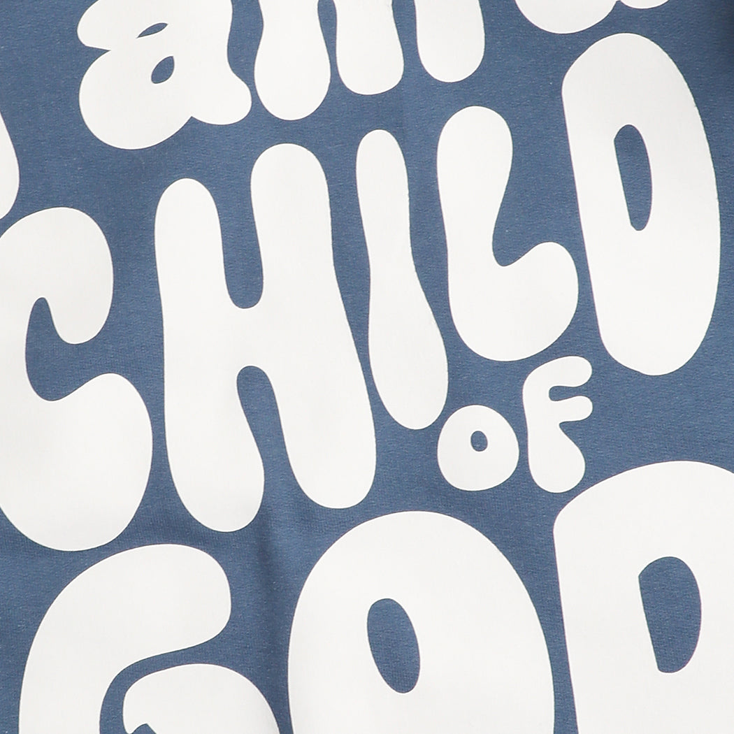 I Am A Child Of God graphic sweatshirt in indigo blue, detail view