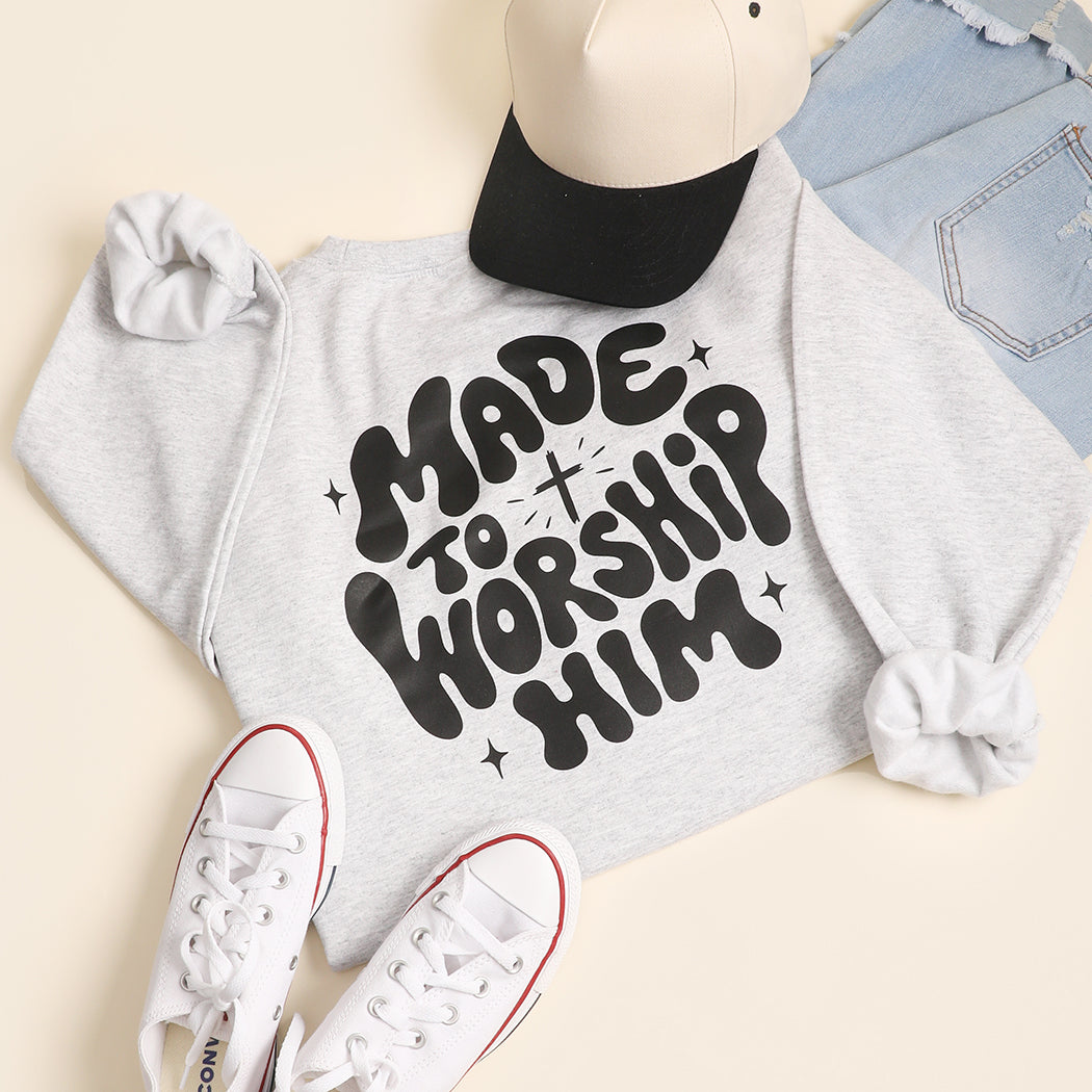 Made To Worship Him graphic sweatshirt in ash grey