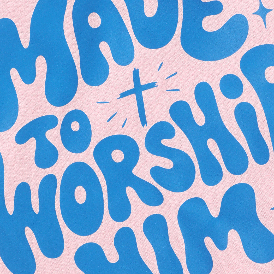 Made To Worship Him graphic sweatshirt in light pink, detail view