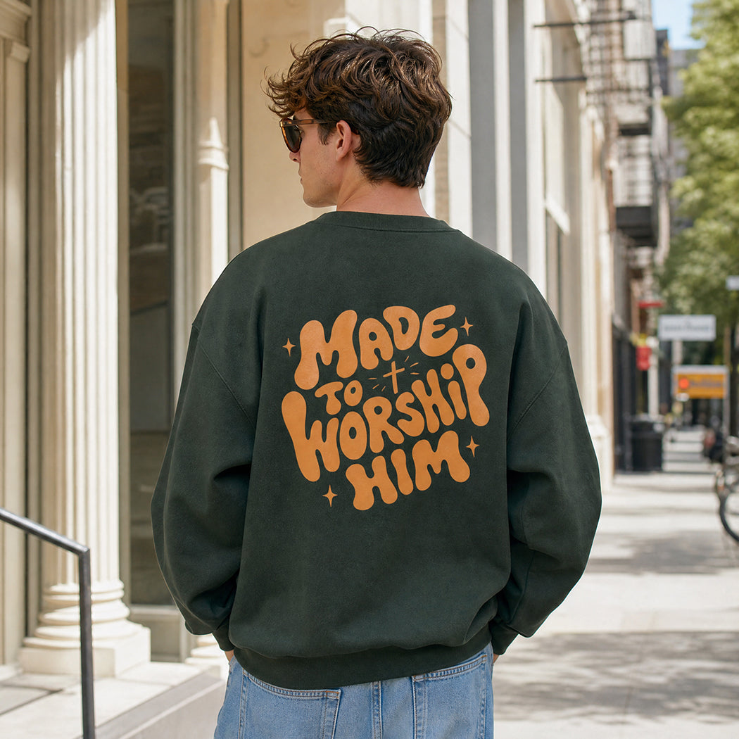 Model wearing Made To Worship Him graphic sweatshirt