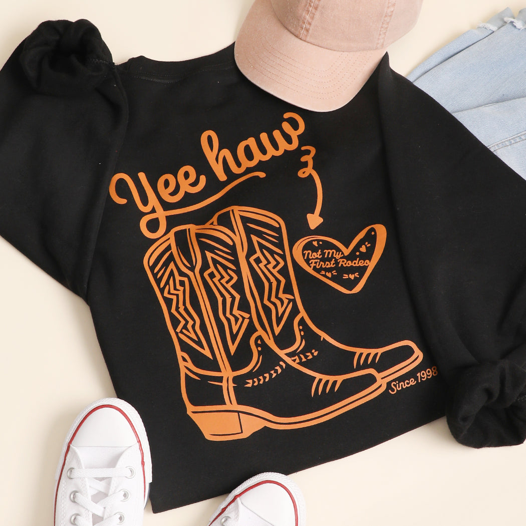 Yeehaw Not My First Rodeo western graphic sweatshirt in black