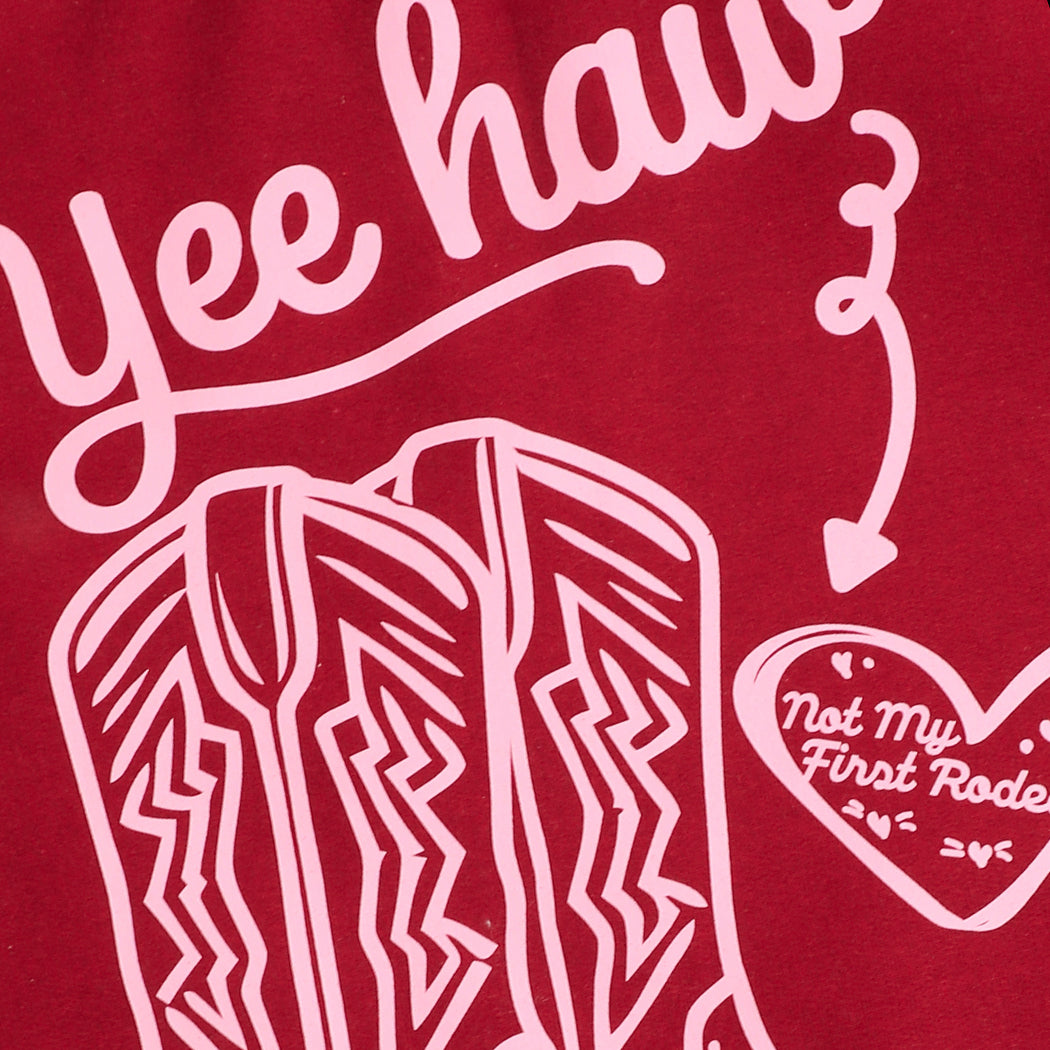 Yeehaw Not My First Rodeo western graphic sweatshirt in garnet, detail view
