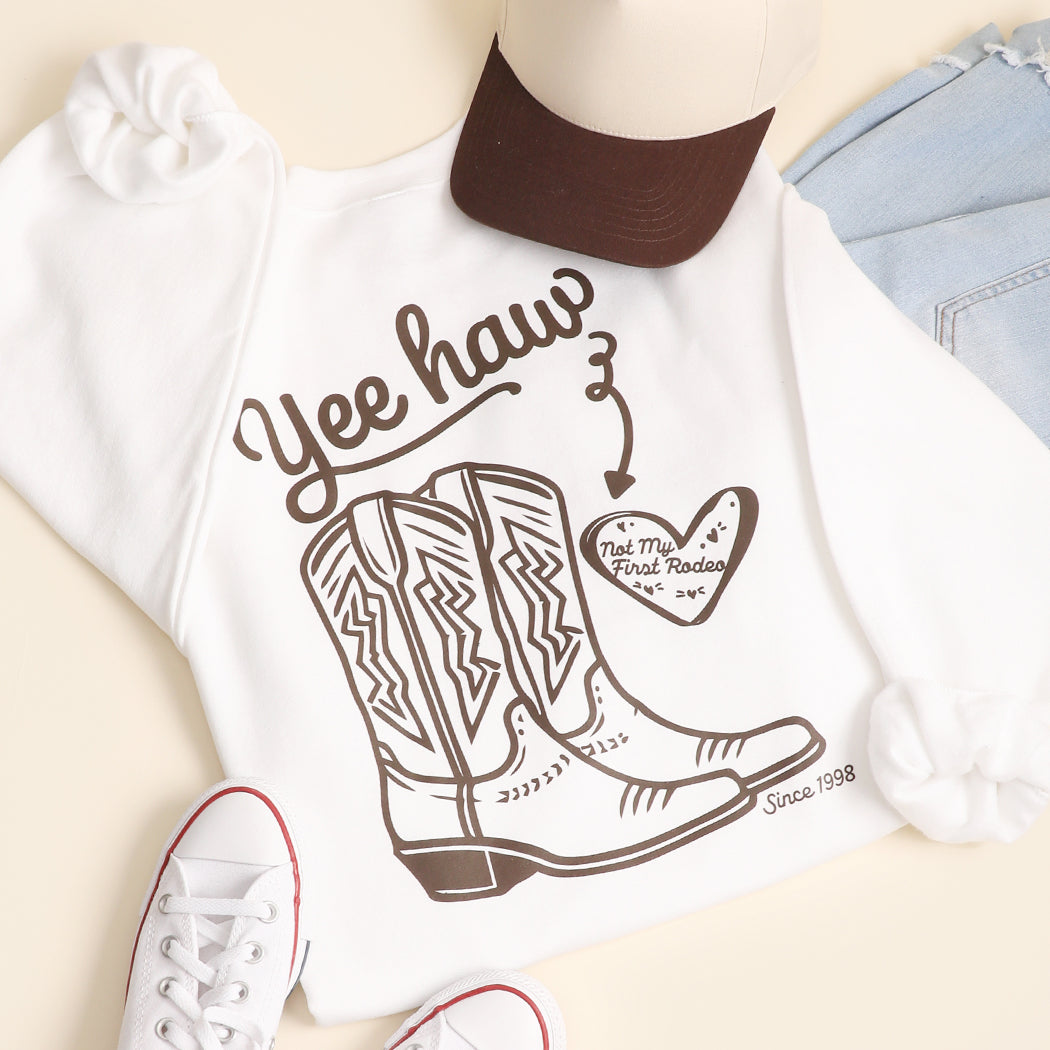 Yeehaw Not My First Rodeo western graphic sweatshirt in white