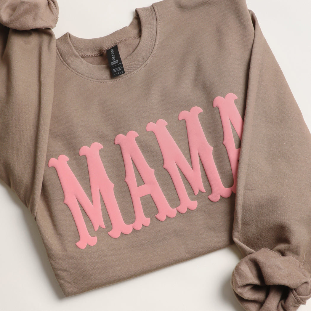 Mama bold puff midweight sweatshirt in brown savana, front view