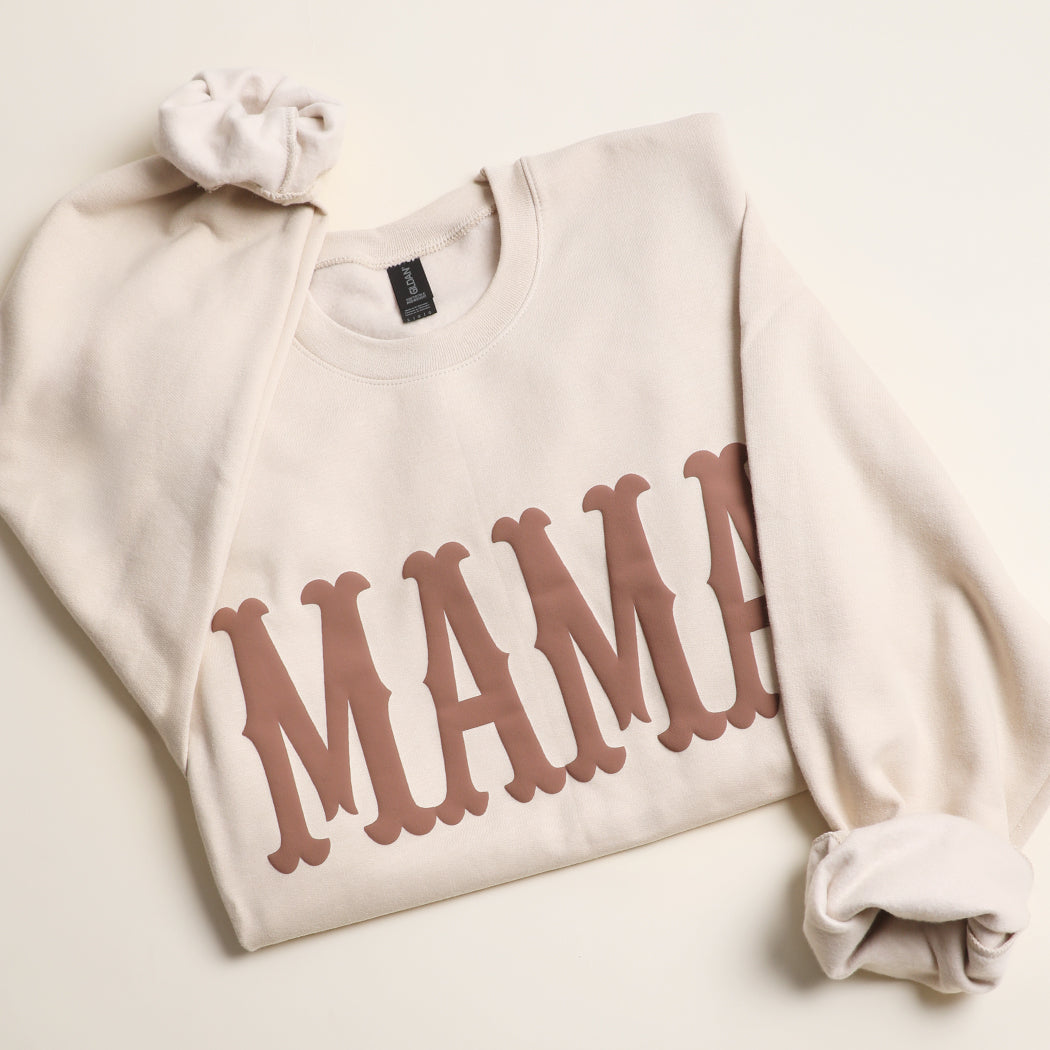 Mama bold puff midweight sweatshirt in sand, front view