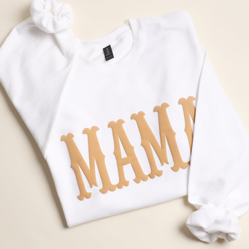 Mama bold puff midweight sweatshirt in white, front view
