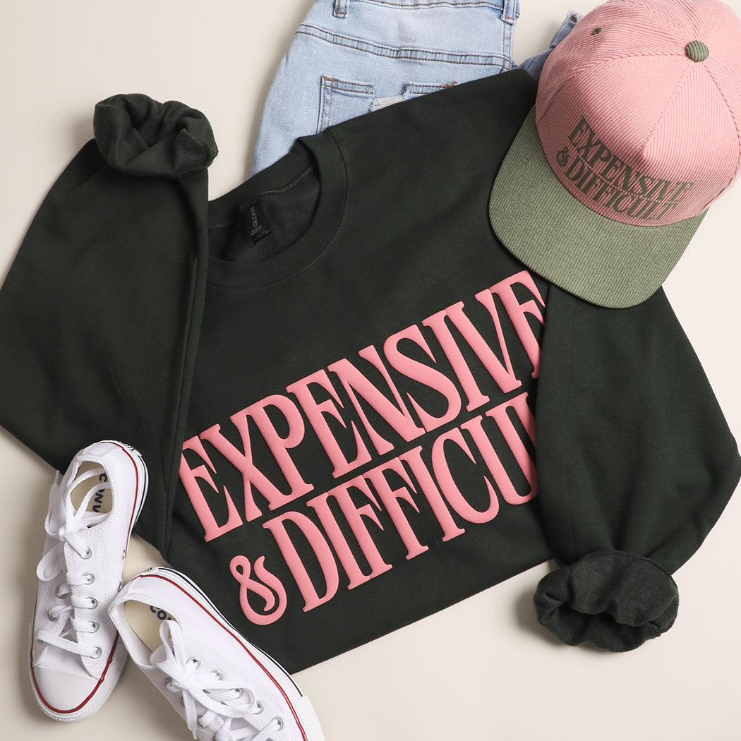 Expensive & Difficult puff sweatshirt in forest green, front view
