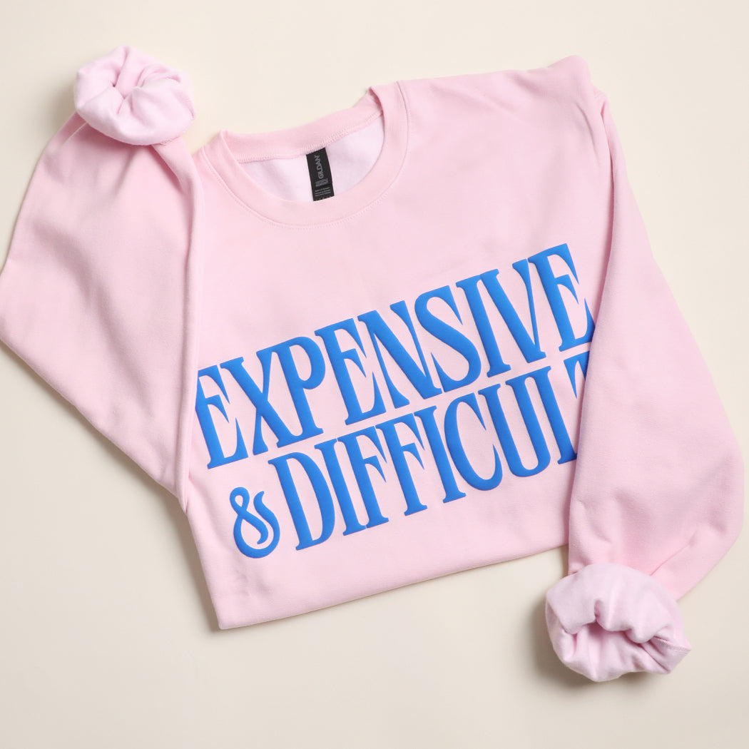 Expensive & Difficult puff sweatshirt in light pink, front view
