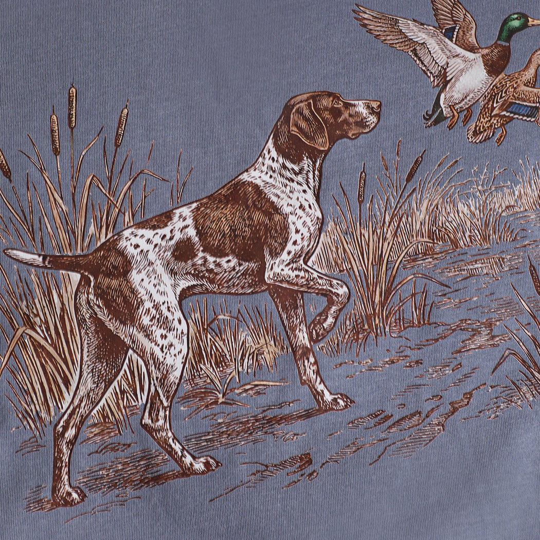 Vintage Hunting Dog Duck garment-dyed t-shirt in blue jeans, detail view